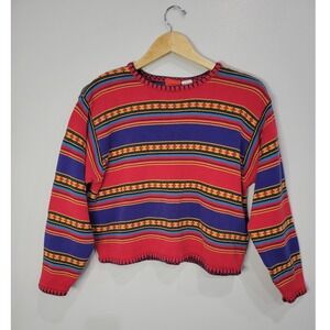 Liz & Co Womens Vintage 90s Cotton Knit Southwestern Striped Sweater Red Small